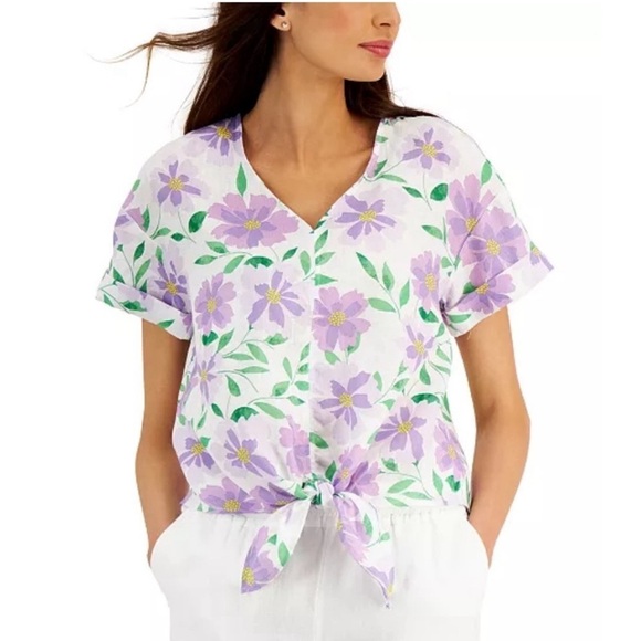Charter Club Luxury Women's 100% Linen Blouse Floral Tie Boxy Top Front Size PXL - Picture 1 of 9